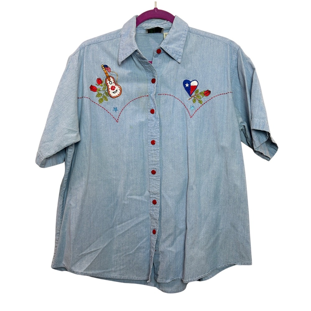 Vintage Western Shirt Womens 1X Blue Embroidered Texas Guitar Cotton Casual